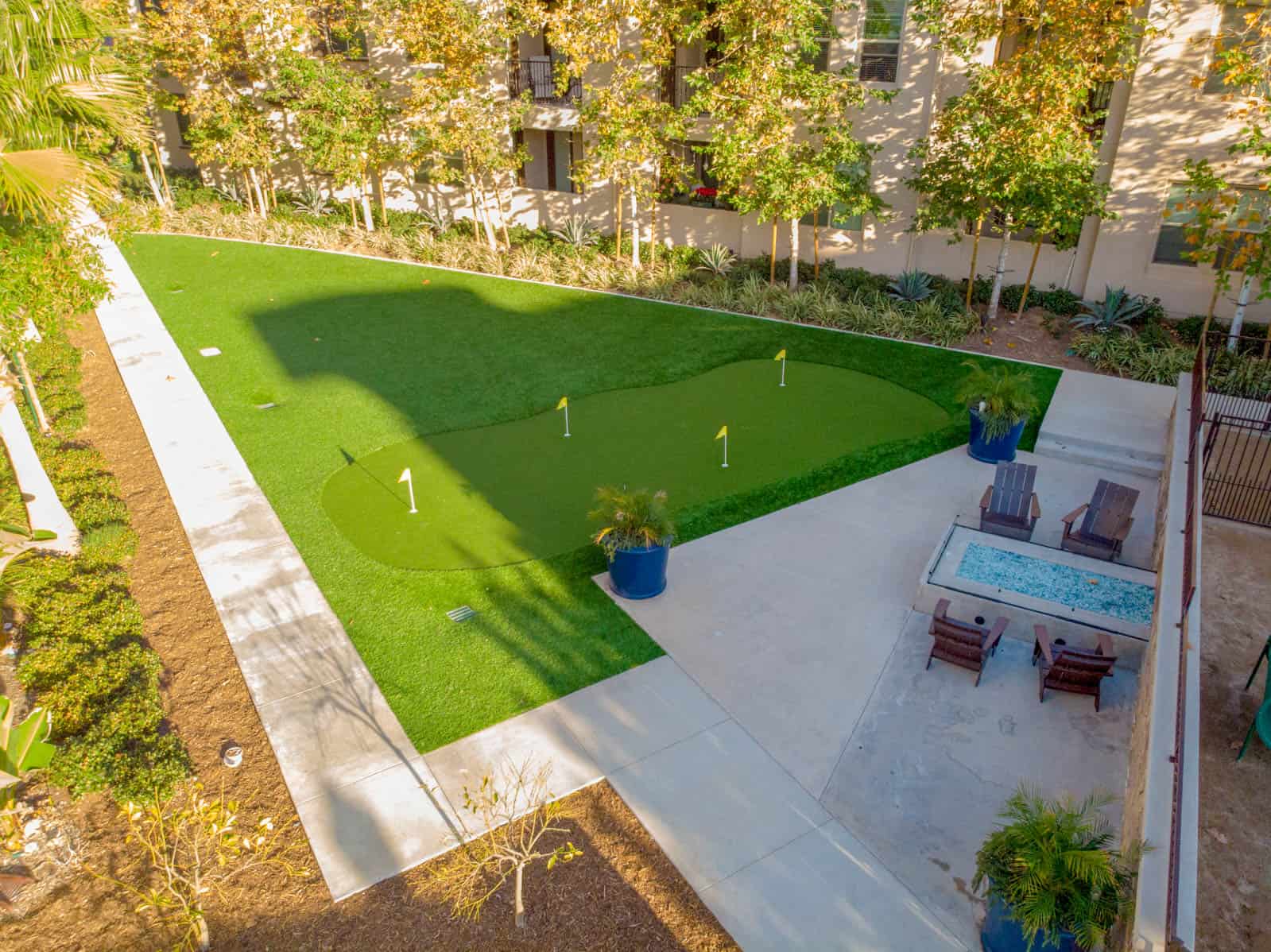 aerial drone photo of small putting area in apartment community in Corona, California