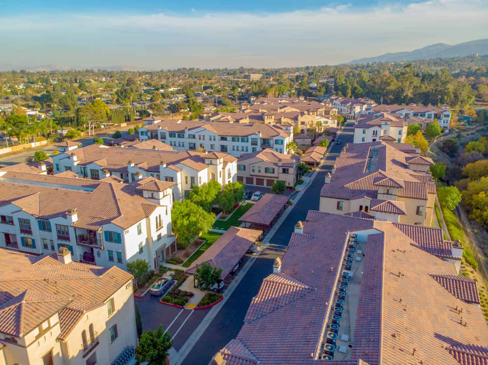 aerial drone photo of residential apartment complex in Corona, California