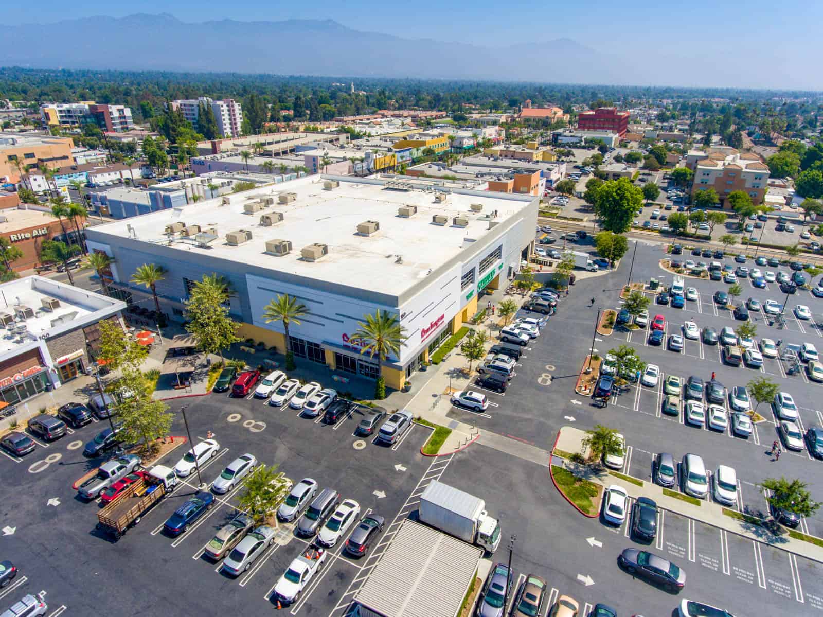 aerial image of shopping plaza in Alhambra, California