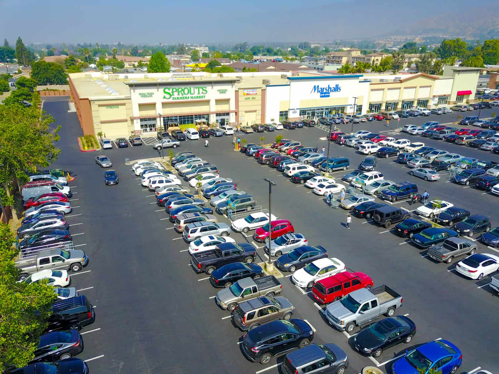 aerial drone photo of shopping plaza in Glendora, California