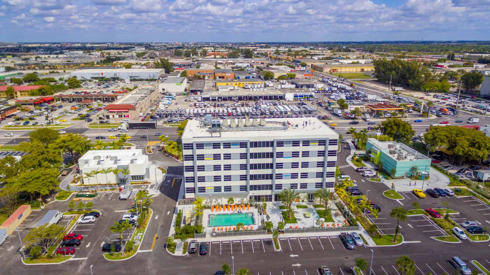 aerial drone photo of Aloft Miami hotel in Miami, Florida