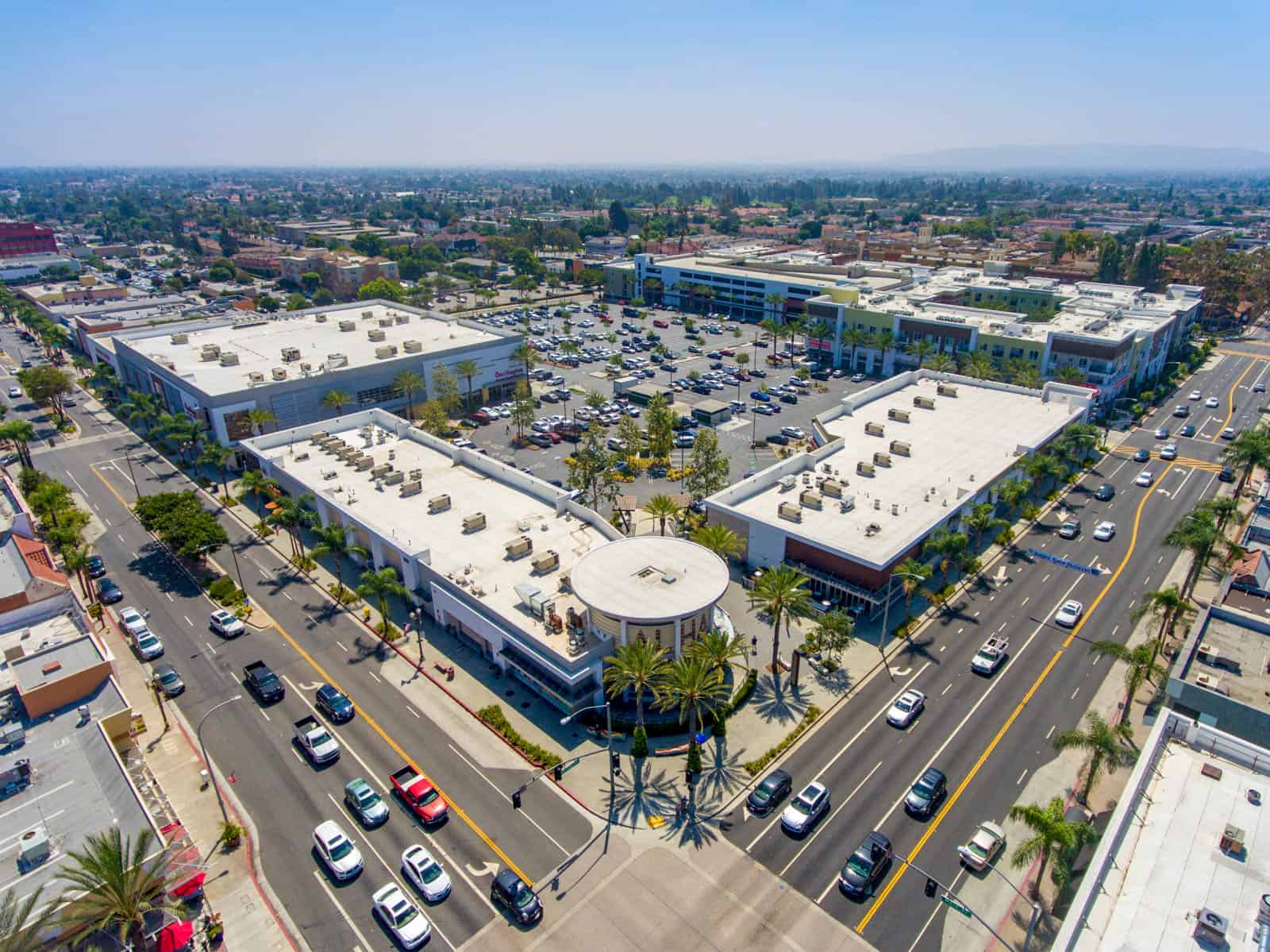 aerial drone photo of commercial shopping center in Alhambra, California