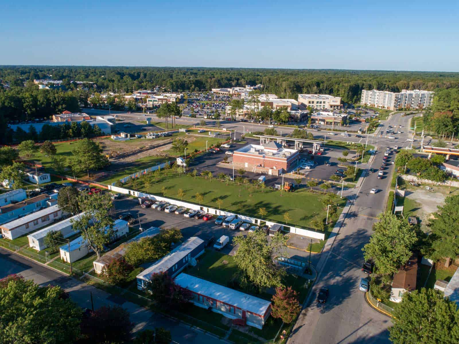 aerial drone photo of commercial real estate property taken above mobile homes in Newport News, VA